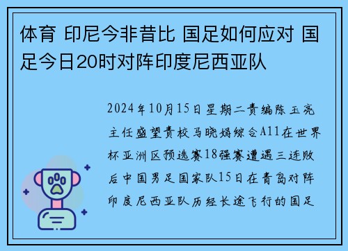 体育 印尼今非昔比 国足如何应对 国足今日20时对阵印度尼西亚队