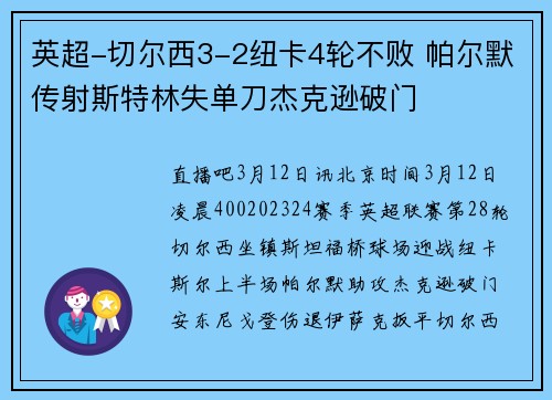 英超-切尔西3-2纽卡4轮不败 帕尔默传射斯特林失单刀杰克逊破门